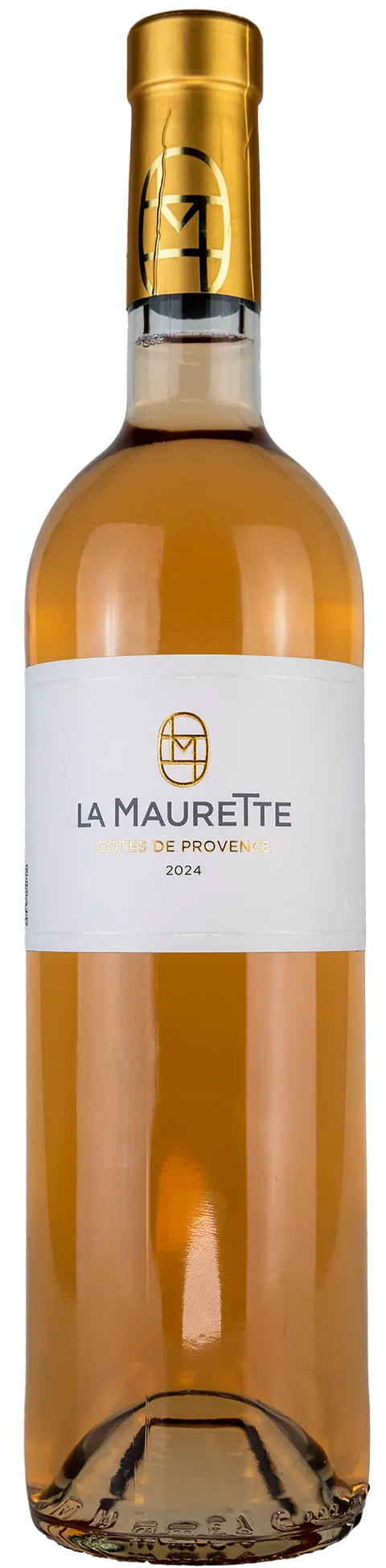 Vorderansicht der Weinflasche La Maurette Côtes de Provence Rosé 2024. Ein trockener französischer Roséwein bei Leons Weinhaus
