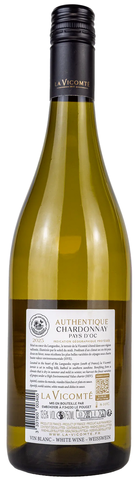 Nahaufnahme des Etiketts von La Vicomte Chardonnay 2025 aus dem Languedoc mit Details zu der Rebsorte Chardonnay und dem Wein. Ein trockener französischer Weisswein von Leons Weinhaus.