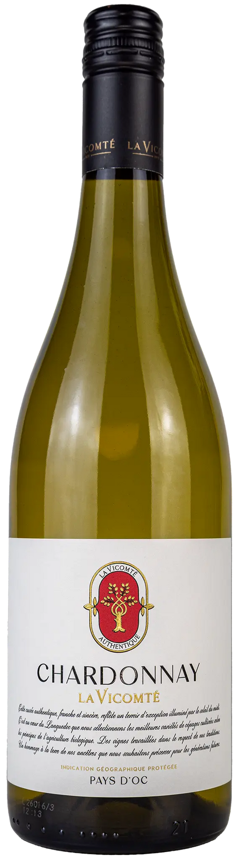 Vorderansicht der Weinflasche La Vicomte Chardonnay 2025 aus dem Languedoc. Ein trockener französischer Weisswein von Leons Weinhaus.