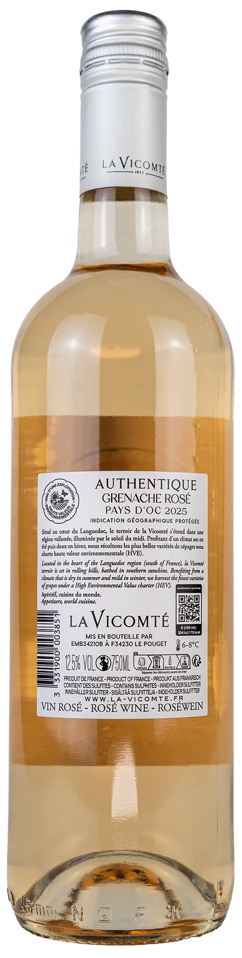 Nahaufnahme des Etiketts von La Vicomte Grenache rosé 2025 aus dem Languedoc mit Details zu der Rebsorte Grenache. Ein trockener französischer Roséwein von Leons Weinhaus.