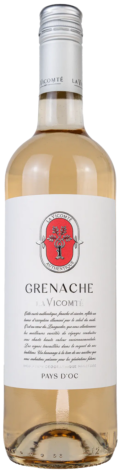 Vorderansicht der Weinflasche La Vicomte Grenache rosé 2025 aus dem Languedoc. Ein trockener französischer Roséwein von Leons Weinhaus.