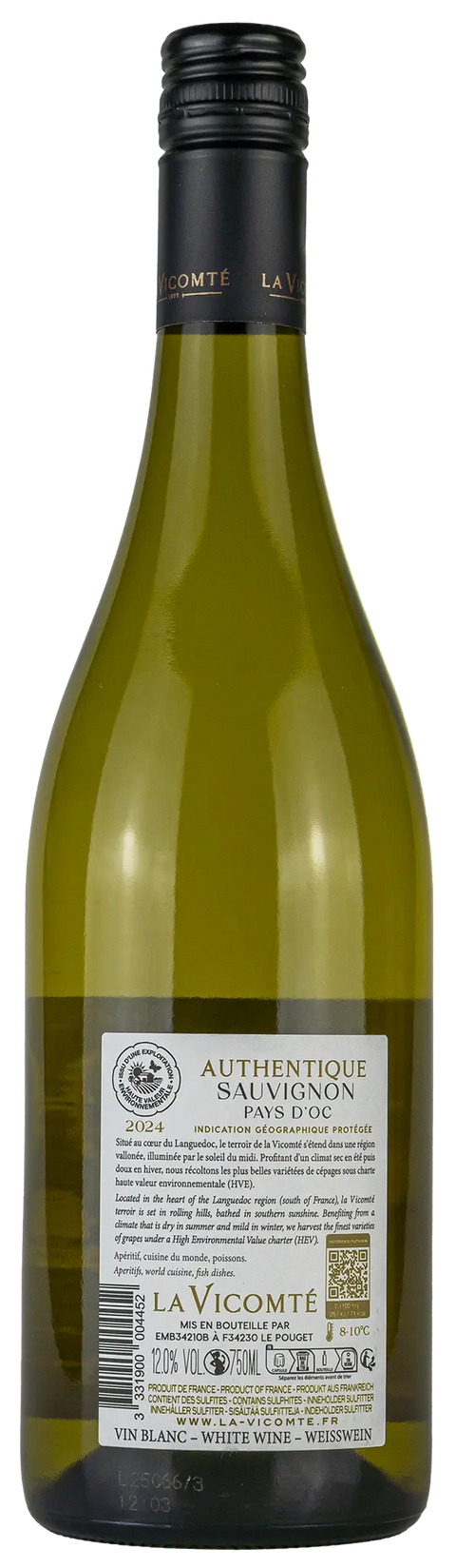 Rückseite einer Weinflasche Sauvignon Blanc 'La Vicomté' 2024 aus dem Pays d’Oc - Languedoc, einem trockenen Weisswein von Leons Weinhaus