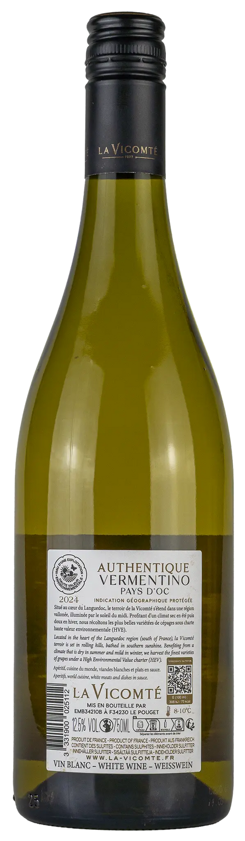 Rückseite einer Weinflasche Vermentino 'La Vicomté' 2024 aus dem Pays d’Oc - Languedoc, ein trockener französischer Weisswein von Leons Weinhaus