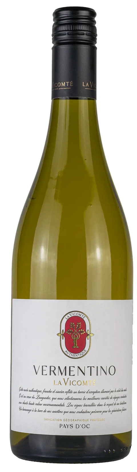 Vorderseite einer Weinflasche Vermentino 'La Vicomté' 2024 aus dem Pays d’Oc - Languedoc, ein trockener französischer Weisswein von Leons Weinhaus