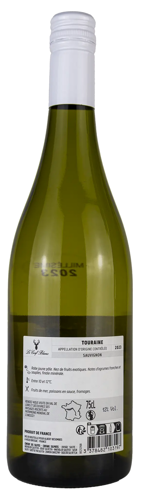 Rückseite einer Weinflasche Le Cerf Blanc 2023 aus Touraine - Loire, ein trockener Sauvignon Blanc Weisswein von Leons Weinhaus
