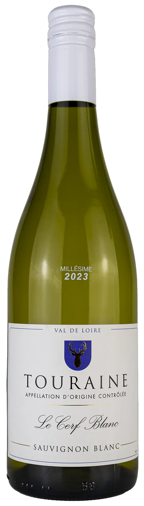 Vorderseite einer Weinflasche Le Cerf Blanc 2023 aus Touraine - Loire, ein trockener Sauvignon Blanc Weisswein von Leons Weinhaus