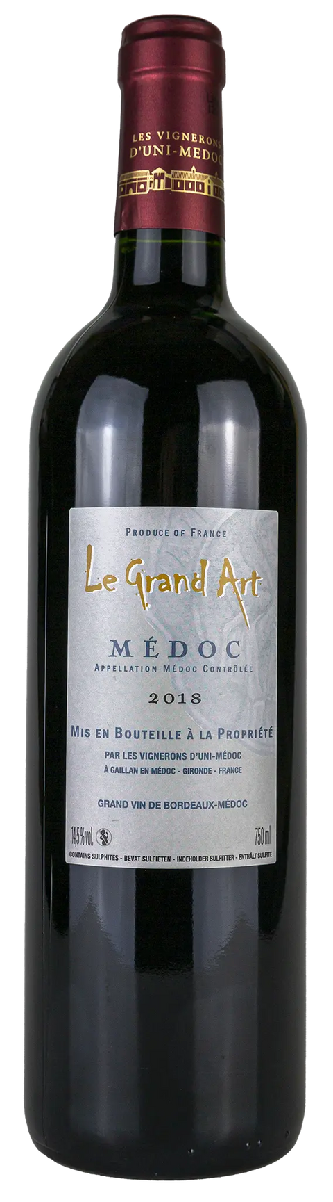 Rückseite einer Weinflasche Le Grand Art 2018, aus Médoc - Bordeaux, 
Merlot, ein trockener französischer Rotwein  mit Goldmedaille von Leons Weinhaus

