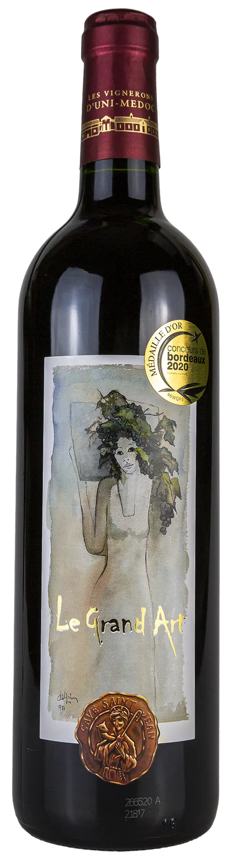 Vorderansicht der Weinflasche Le Grand Art 2018, aus Médoc - Bordeaux, 
Merlot, ein trockener französischer Rotwein von Leons Weinhaus