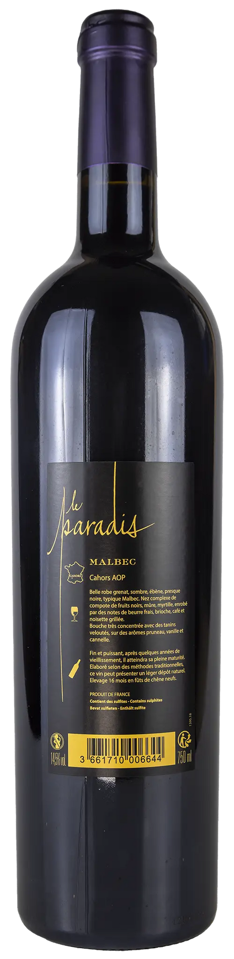 Rückseite einer Weinflasche Le Paradis Malbec 2018 aus der Region Cahors - Süd-West. Ein trockener französischer Rotwein von Leons Weinhaus.