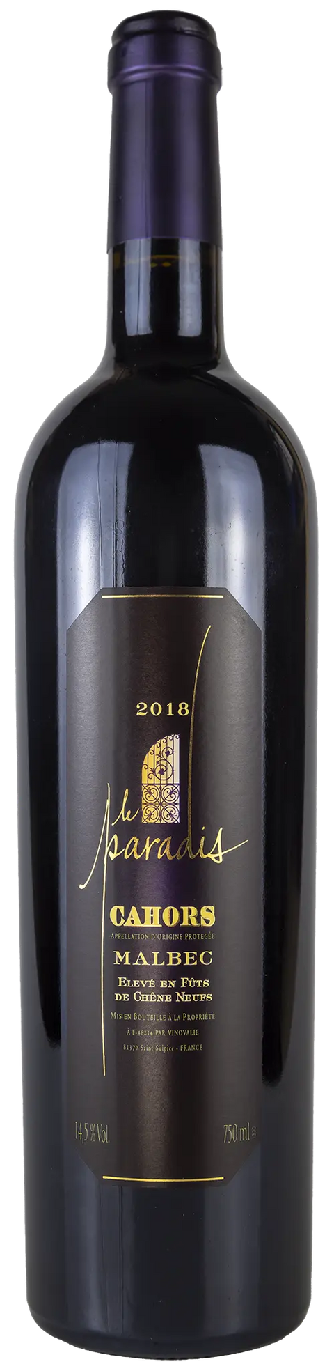 Vorderseite einer Weinflasche Le Paradis Malbec 2018 aus der Region Cahors - Süd-West. Ein trockener französischer Rotwein von Leons Weinhaus.