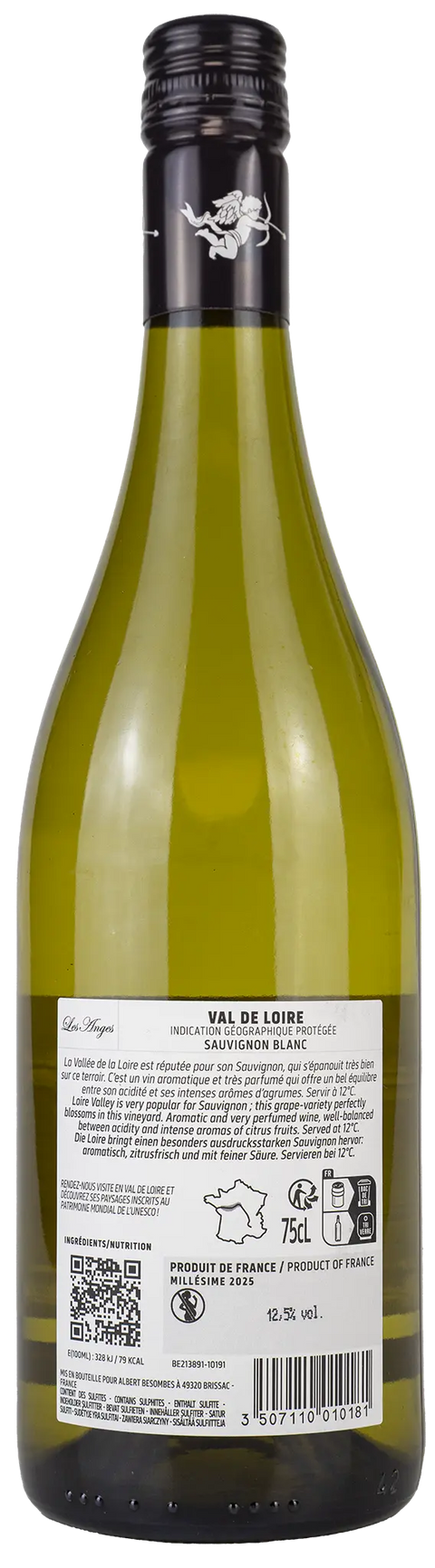 Nahaufnahme des Etiketts vom Les Anges Sauvignon Blanc 2025 vom Val de Loire mit Details zu dem Wein. 