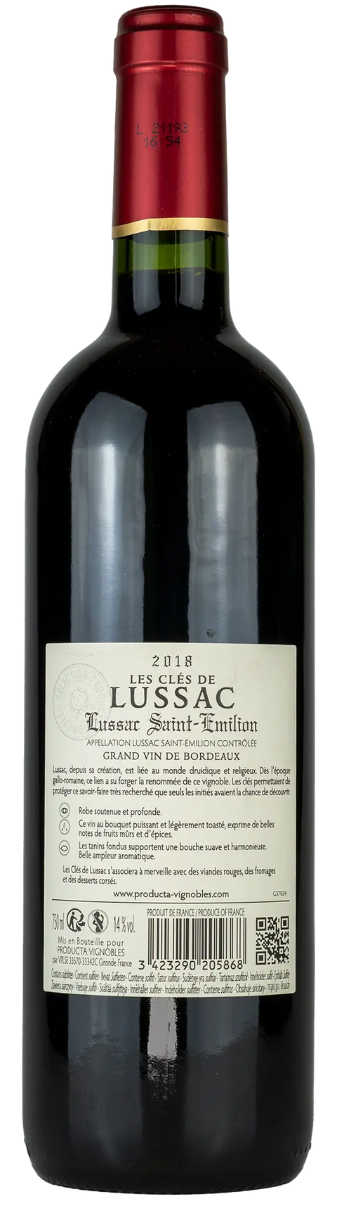 Rückseite einer Weinflasche Les Clés de Lussac 2018 aus Lussac St. Emilion - Bordeaux. Ein trockener Rotwein von Leons Weinhaus
