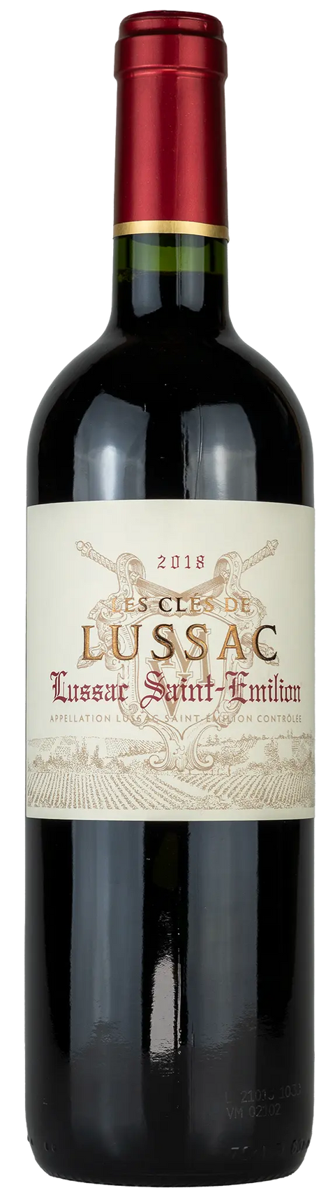 Vorderseite einer Weinflasche Les Clés de Lussac 2018 aus Lussac St. Emilion - Bordeaux. Ein trockener Rotwein von Leons Weinhaus