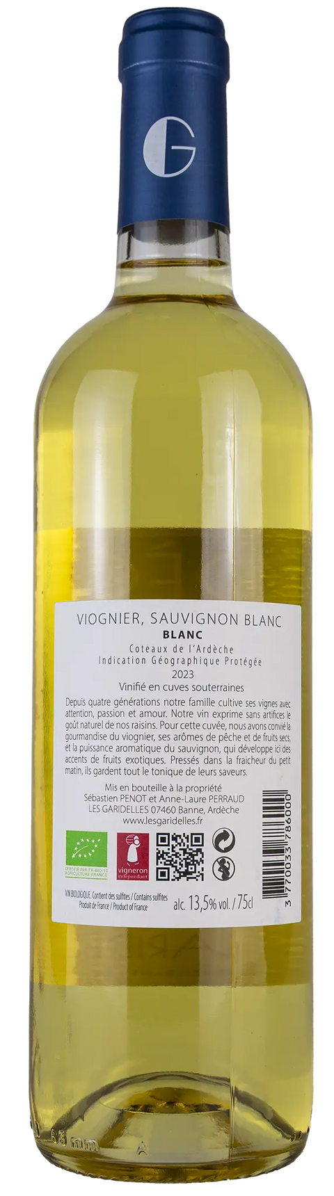 Rückseite einer Weinflasche Les Garidelles 2023 aus der Ardèche - Rhône, ein trockener Weisswein von Leons Weinhaus