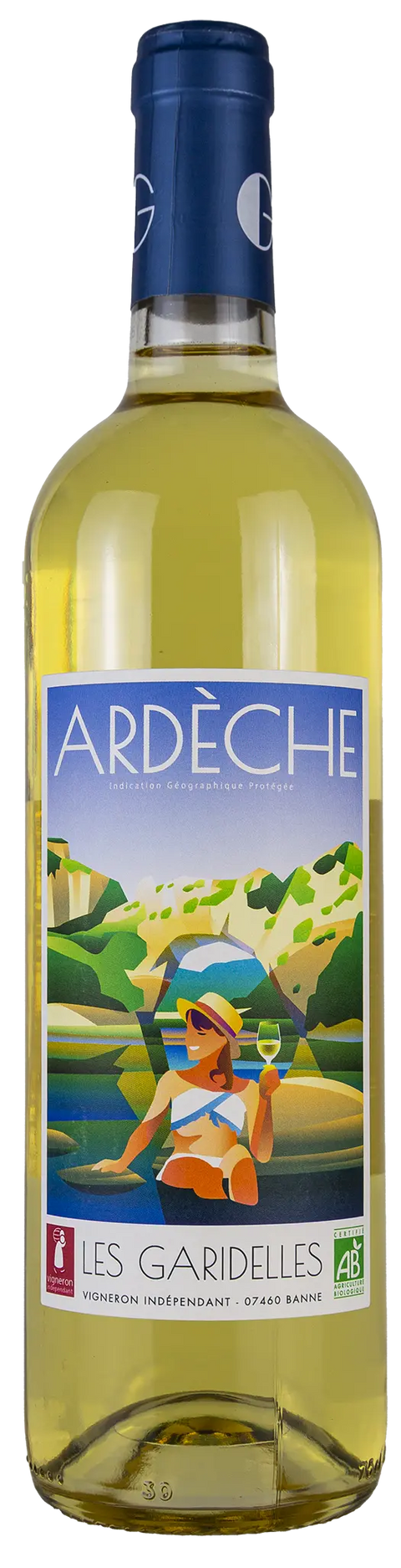 Vorderseite einer Weinflasche Les Garidelles 2023 aus der Ardèche - Rhône, ein trockener Weisswein von Leons Weinhaus