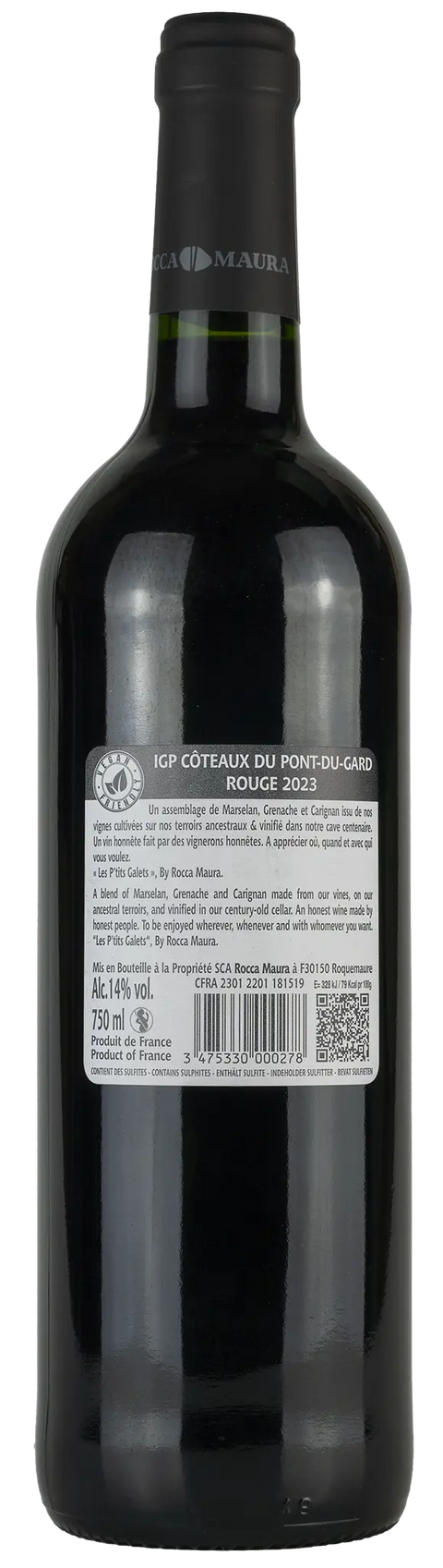 Rückseite einer Weinflasche Les p´tits Galets 2023 aus Gard - Rhône, ein trockener französischer Rotwein mit Goldmedaille von Leons Weinhaus