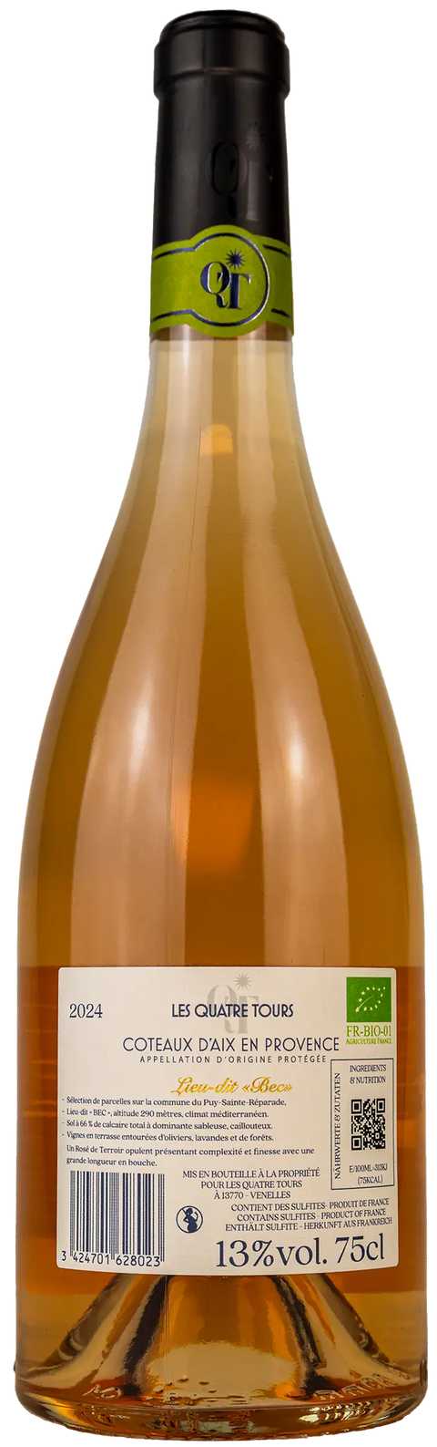 Nahaufnahme des Etiketts Les Quatre Tours Bec 2024 Bio aus dem Coteaux d´Aix en Provence mit Details zum Wein. 