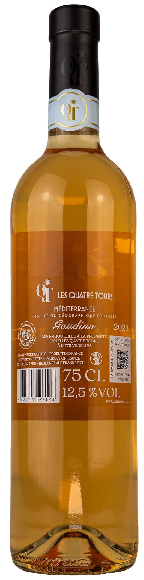 Nahaufnahme des Etiketts von Les Quatre Tours Gaudina 2024 aus dem Méditerranée, Provence mit Details zum Wein. 