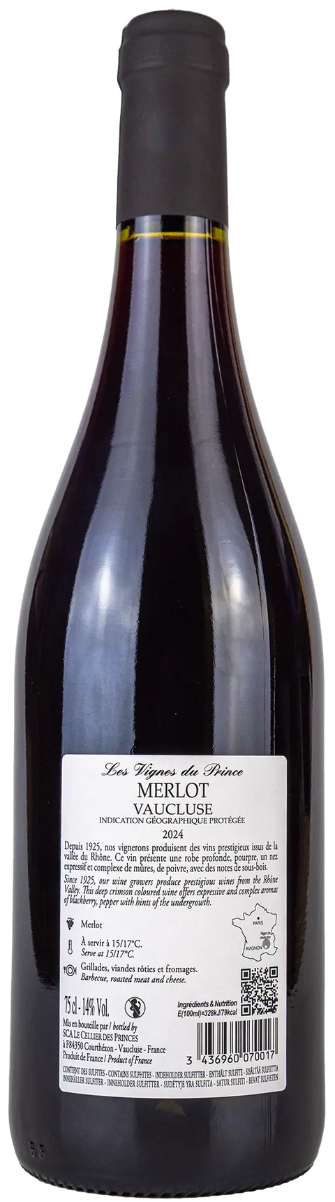 Nahaufnahme des Etiketts von Les Vignes du Prince Merlot 2024 aus dem Vaucluse, Rhône mit Details zu der Rebsorte Merlot und einer Silbermedaille von Leons Weinhaus.
