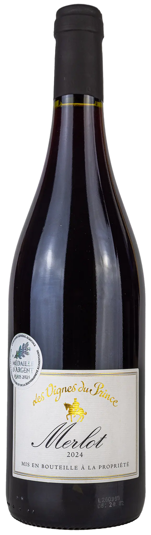 Vorderansicht der Weinflasche Les Vignes du Prince Merlot 2024 aus dem Vaucluse, Rhône. Ein trockener französischer Rotwein mit einer Silbermedaille von Leons Weinhaus.