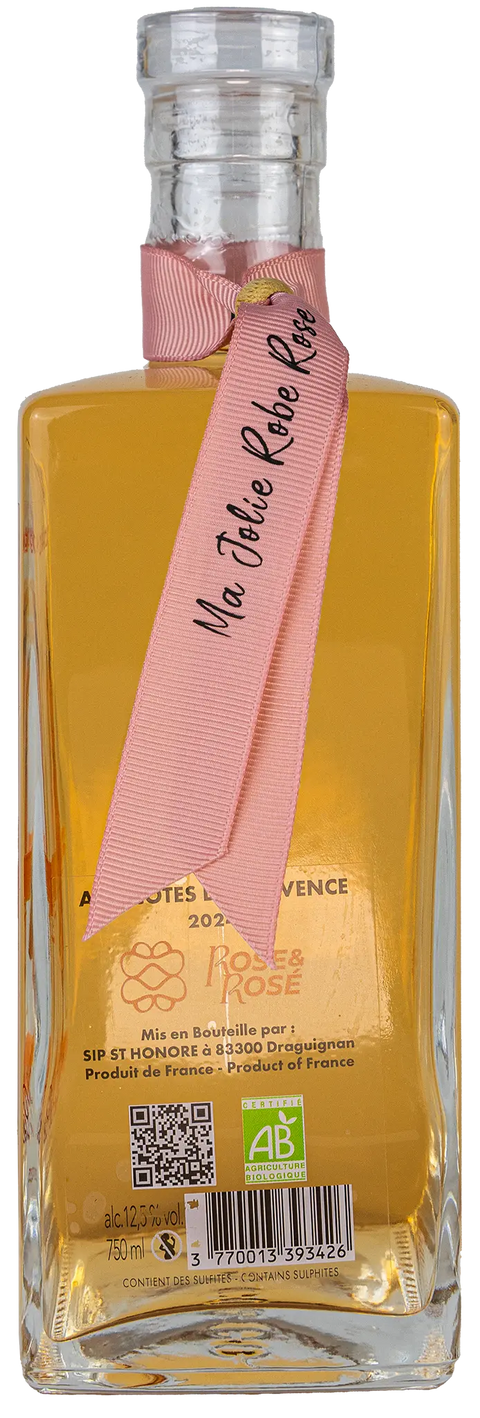 Nahaufnahme des Etiketts von Ma Jolie Robe Rose 2024 ein Biowein aus der Provence mit Details zu Rose & Rose und dem Wein. 