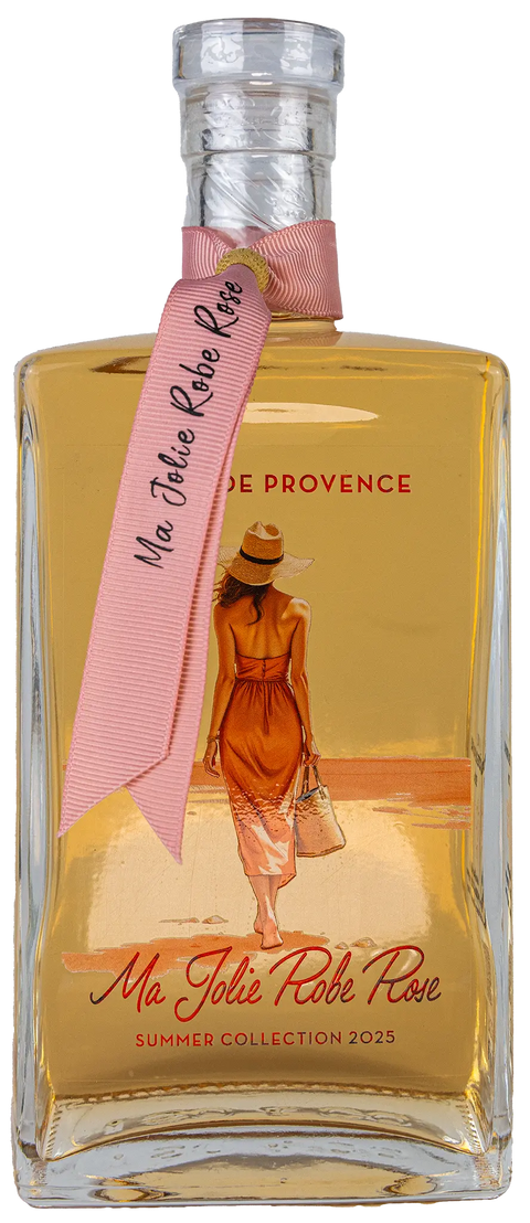 Vorderansicht der Weinflasche Ma Jolie Robe Rose 2024 Biowein Côtes de Provence. Ein trockener französischer Roséwein von Leons Weinhaus.