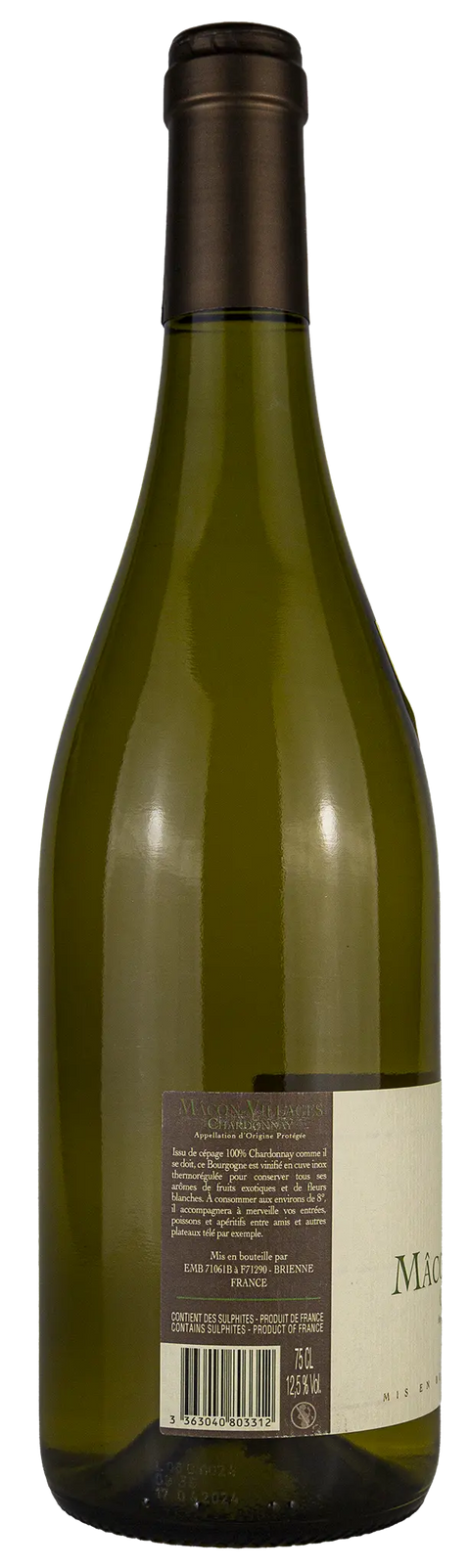 Rückseite einer Weinfasche Mâcon Villages 2023, 100 % Chardonnay, aus Mâcon-Villages - Burgund, ein trockener Weisswein von Leons Weinhaus