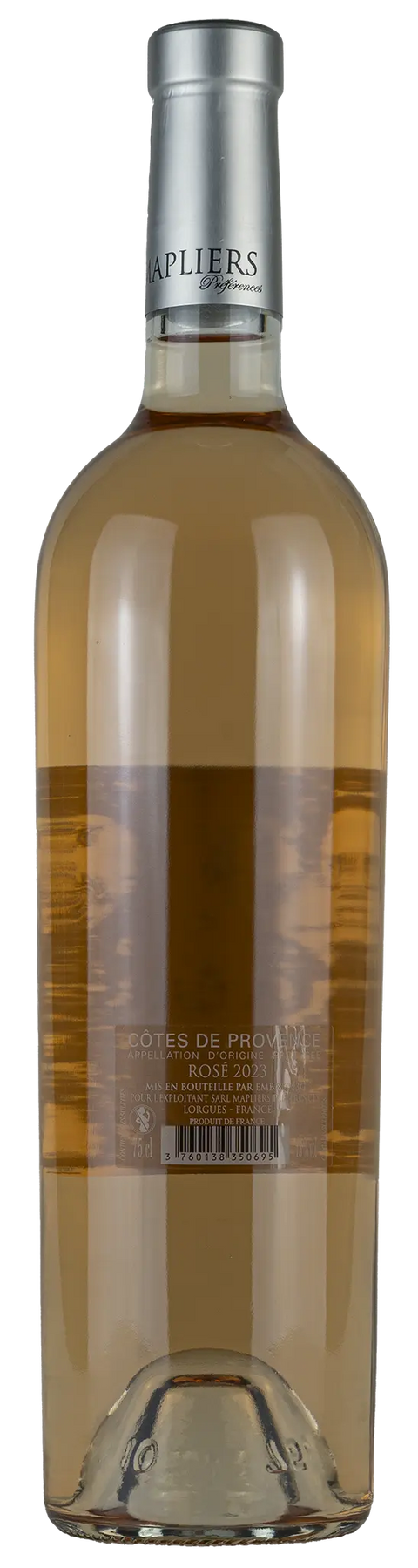 Rückseite einer Weinflasche Mapliers 'Préférences' 2023 von der Côtes de Provence, ein trockener französischer Roséwein von Leons Weinhaus
