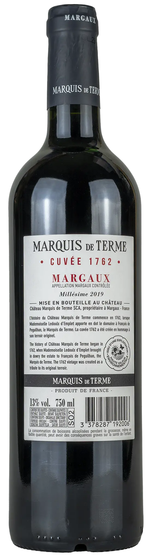 Rückseite einer Weinflasche Château Marquis de Terme 'Cuvée 1762' 2019, aus Margaux - Bordeaux, einem trockenen französischen Rotwein von Leons Weinhaus
