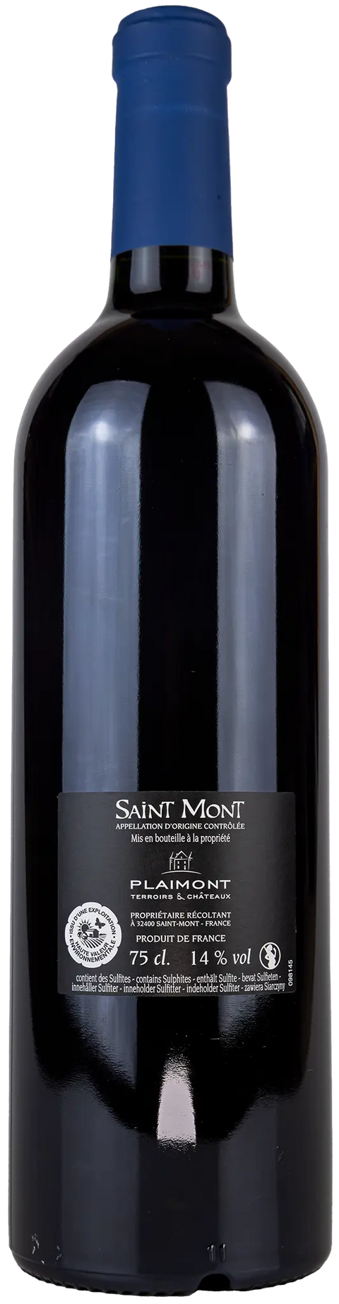 Nahaufnahme des Etiketts Monastère de Saint Mont 2021 aus dem Saint Mont, Süd-West mit Details zum Wein. 