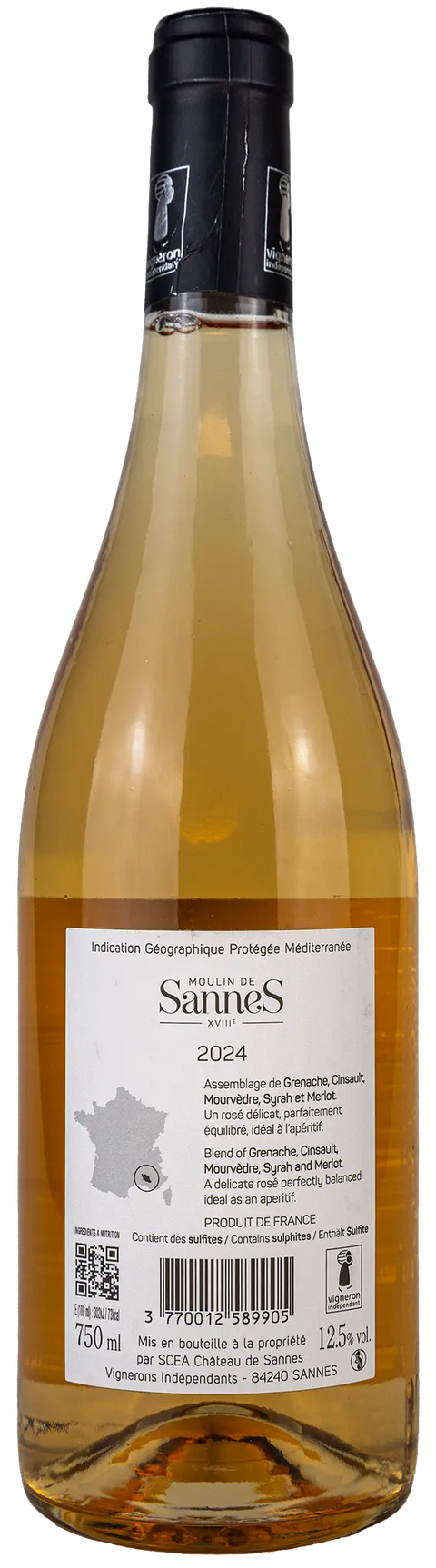 Nahaufnahme des Etiketts von Moulin de Sannes rosé 2024 von der Rhône mit Details zum Wein und den Rebsorten Grenache, Cinsault, Mourvèdre, Syrah und Merlot. Ein trockener französischer Bio Rosé von Leons Weinhaus.