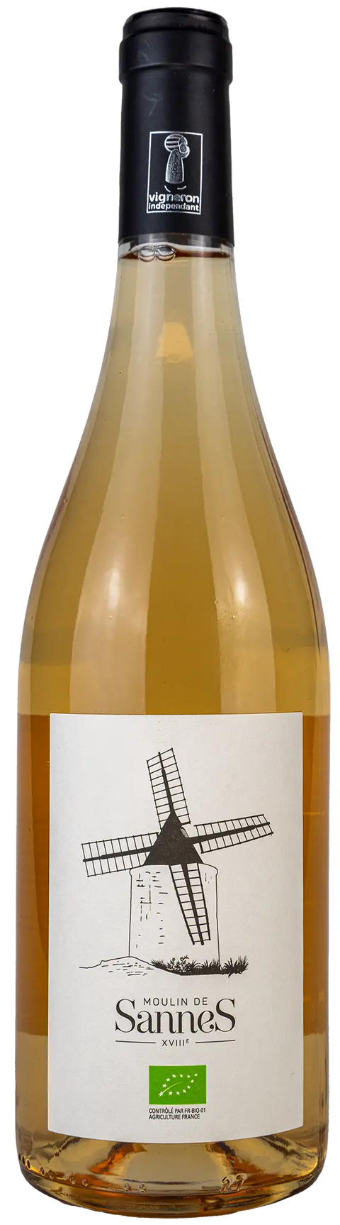 Vorderansicht der Weinflasche Moulin de Sannes rosé 2024 von der Rhône. Ein trockener französischer Bio Rosé von Leons Weinhaus. 
