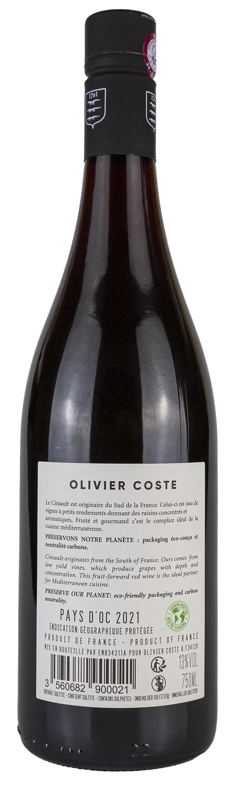 Rückseite einer Weinflasche Cinsault 'Olivier Coste' 2021, aus dem Pays d’Oc - Languedoc, einem trockenen Rotwein aus der Rebe Cinsault von Leons Weinhaus