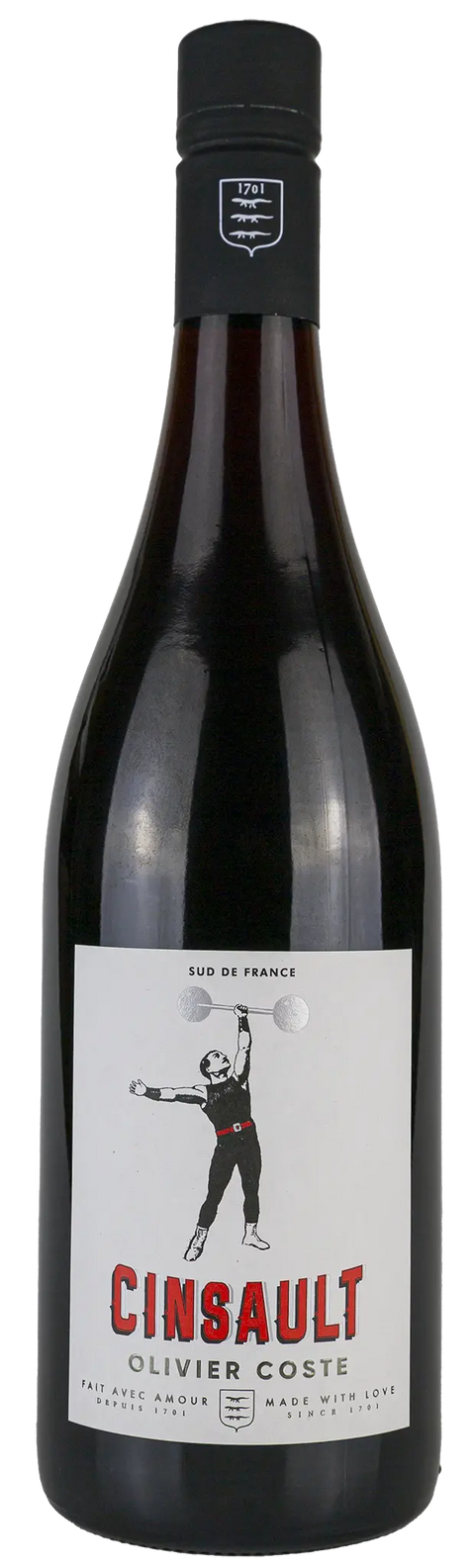 Vorderseite einer Weinflasche Cinsault 'Olivier Coste' 2021, aus dem Pays d’Oc - Languedoc, einem trockenen Rotwein aus der Rebe Cinsault von Leons Weinhaus