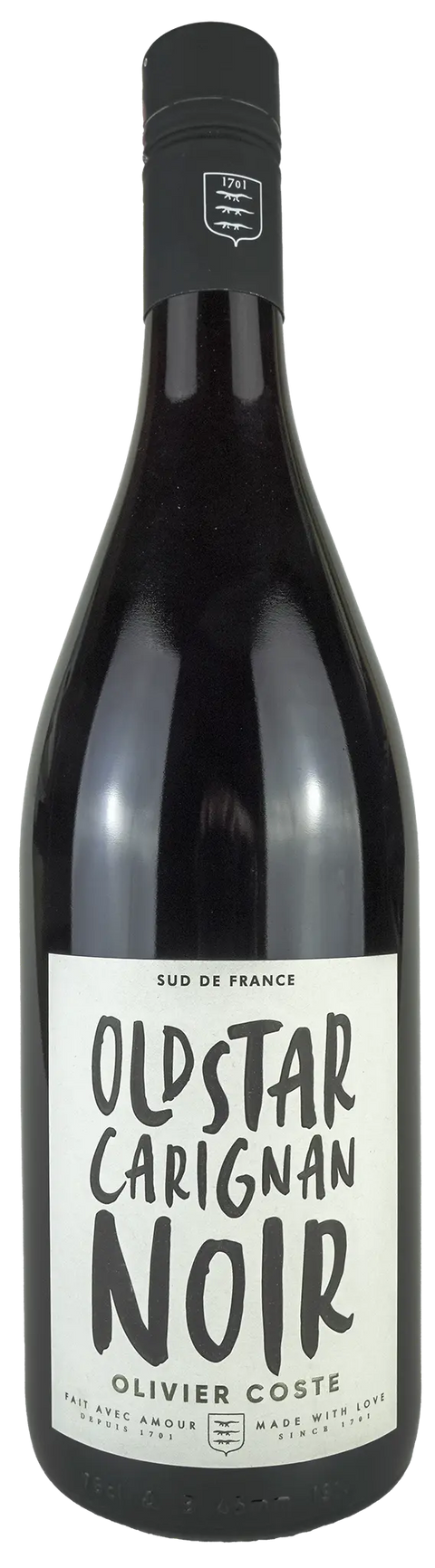 Rückseite einer Weinflasche Carignan Noir 'Oldstar' 2021, aus Pays d’Oc - Languedoc-Roussillon, einem trockenen Rotwein der Rebsorte Carignan Noir von Leons Weinhaus