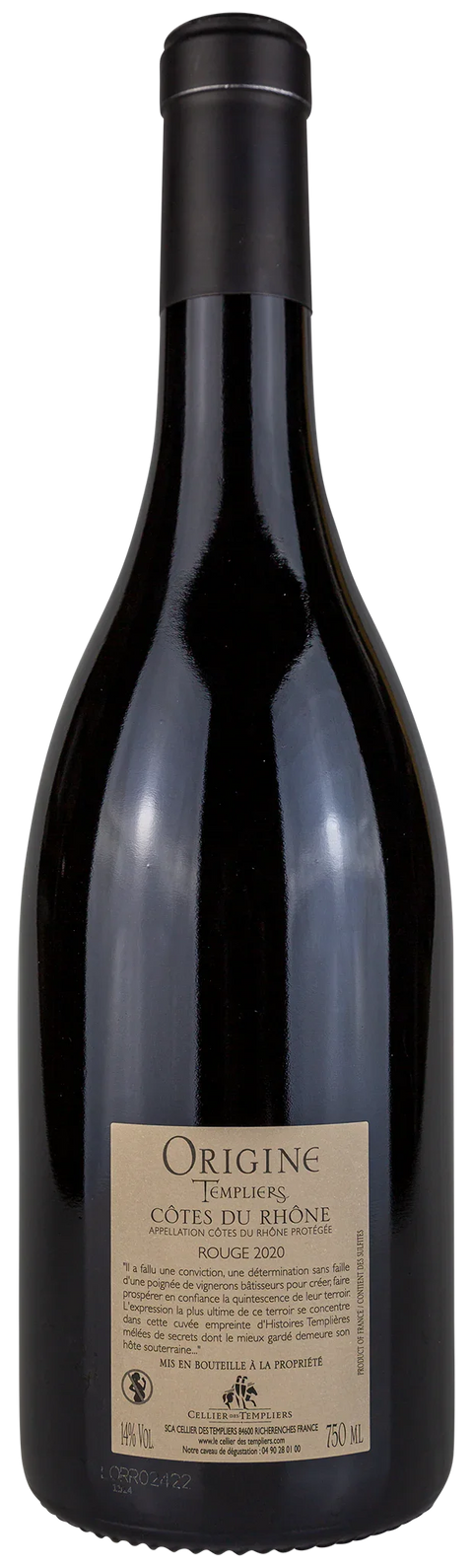 Rückseite der Weinflasche Origine Templiers -rouge- 2020, Côtes du Rhône, Syrah, Grenache, ein trockener französischer Rotwein von Leons Weinhause