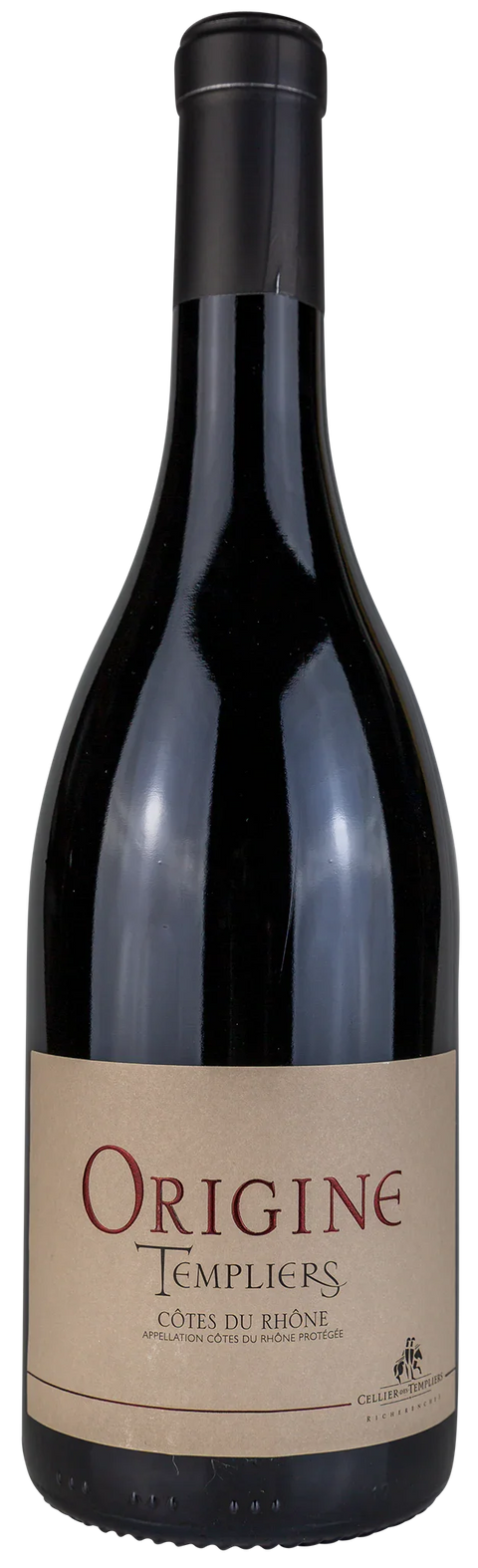 Vorderansicht der Weinflasche Origine Templiers -rouge- 2020, Côtes du Rhône, Syrah, Grenache, ein trockener französischer Rotwein von Leons Weinhaus
