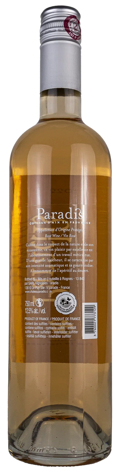 Rückseite einer Weinflasche Domaine Paradis 'Essenciel' 2022 aus der 	Coteaux d´Aix en Provence, ein trockener französischer Roséwein von Leons Weinhaus