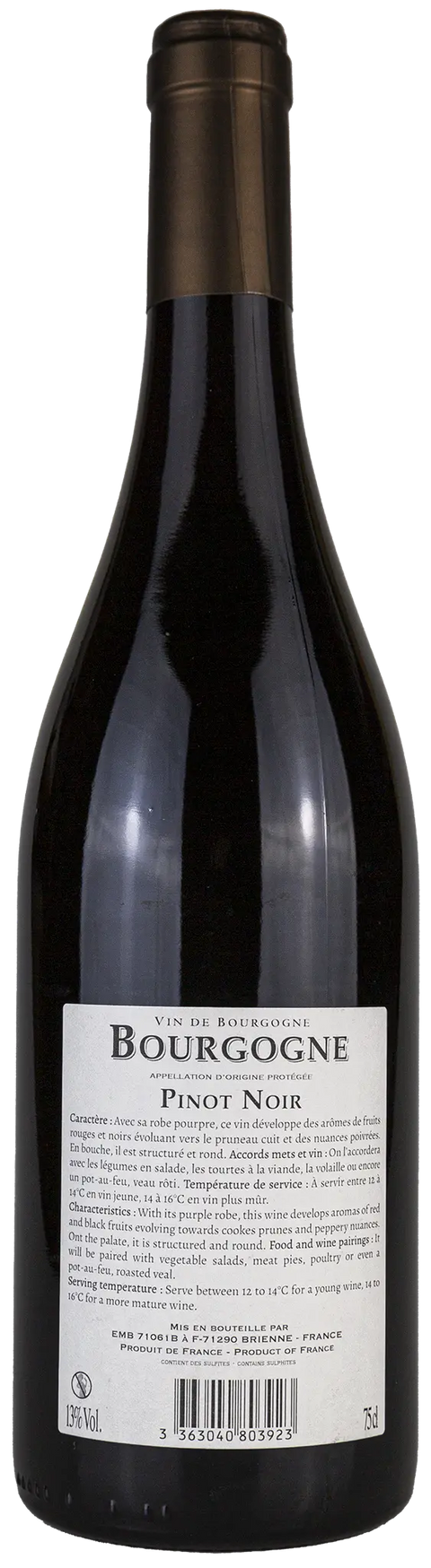 Rückseite einer Weinflasche Bourgogne 'Pinot Noir' 2023, aus 	Bourgogne - Burgund, 100 % Pinot Noir, ein trockener französischer Rotwein von Leons Weinhaus