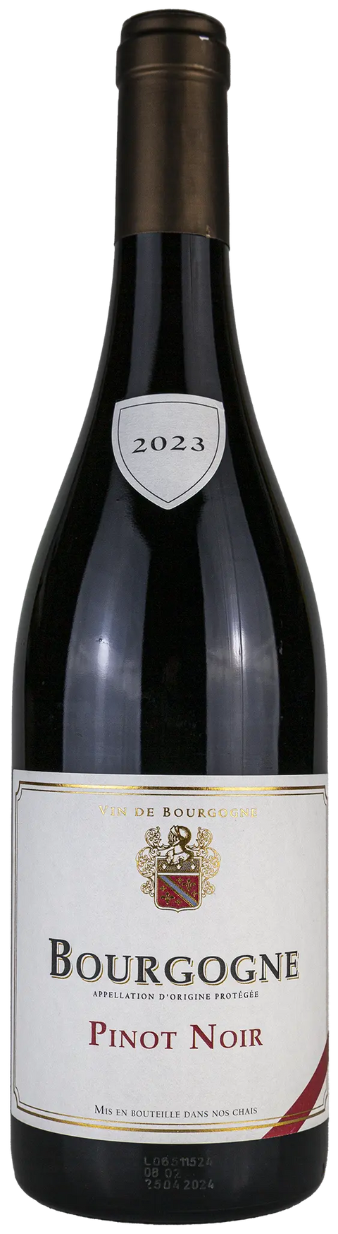 Vorderseite einer Weinflasche Bourgogne 'Pinot Noir' 2023, aus 	Bourgogne - Burgund, 100 % Pinot Noir, ein trockener französischer Rotwein von Leons Weinhaus