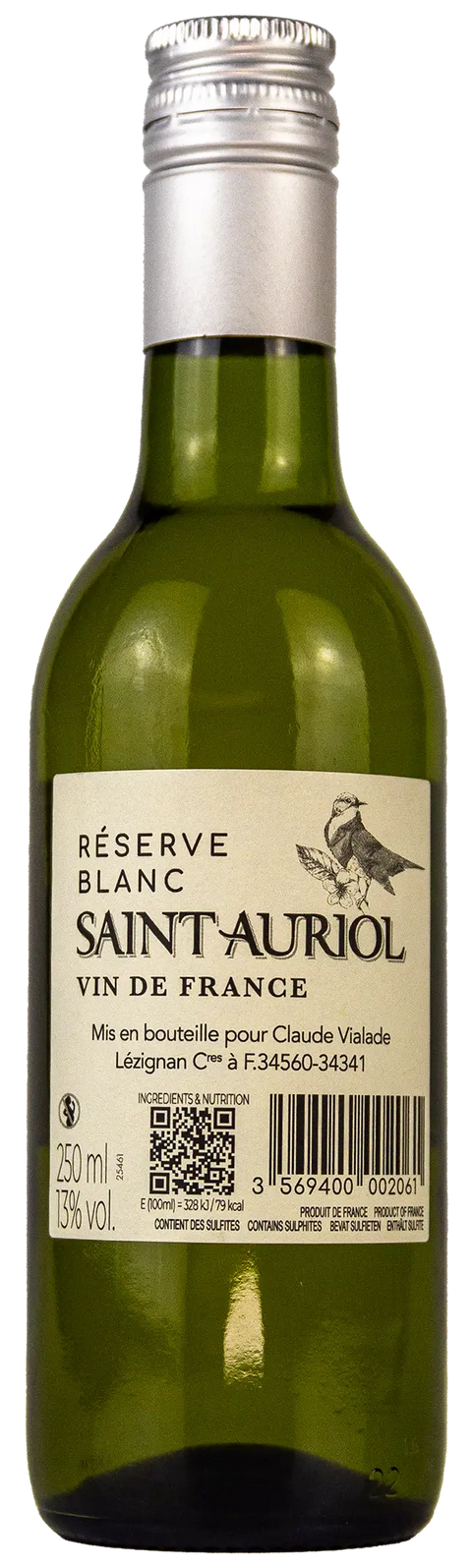 Nahaufnahme des Etiketts von Réserve Saint-Auriol blanc in der Kleinflasche mit Details zum Wein. 