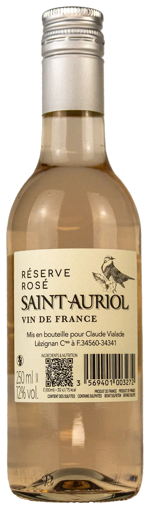 Nahaufnahme des Etiketts von Réserve Saint-Auriol rosé in der Kleinflasche mit Details zum Wein. 