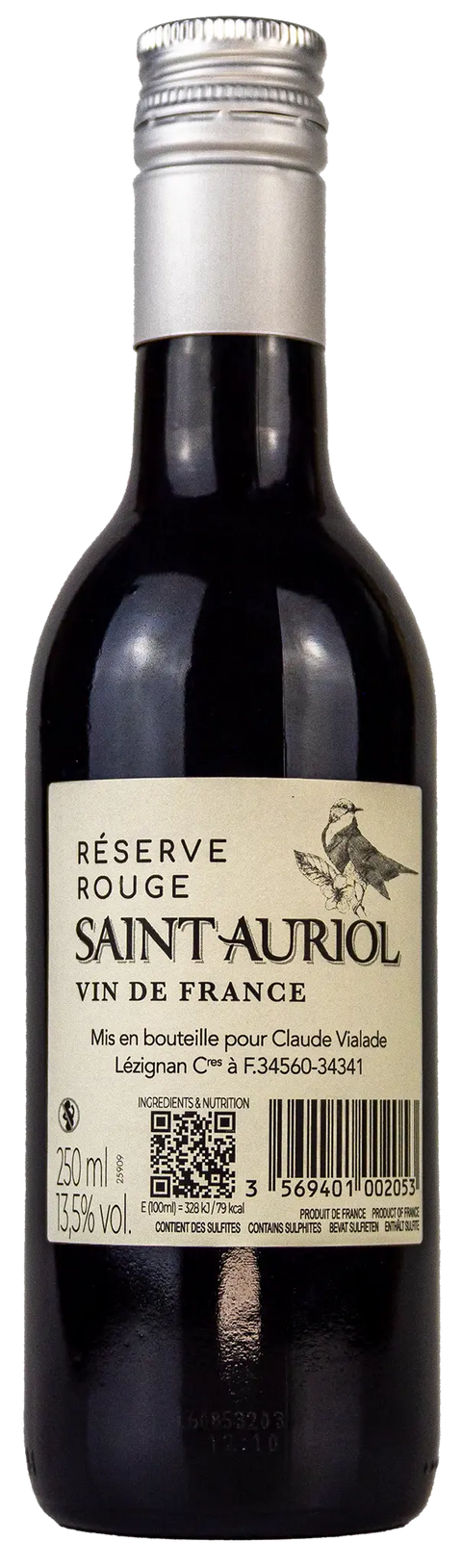 Nahaufnahme des Etiketts von Réserve Saint-Auriol rouge in der Kleinflasche mit Details zum Wein. 