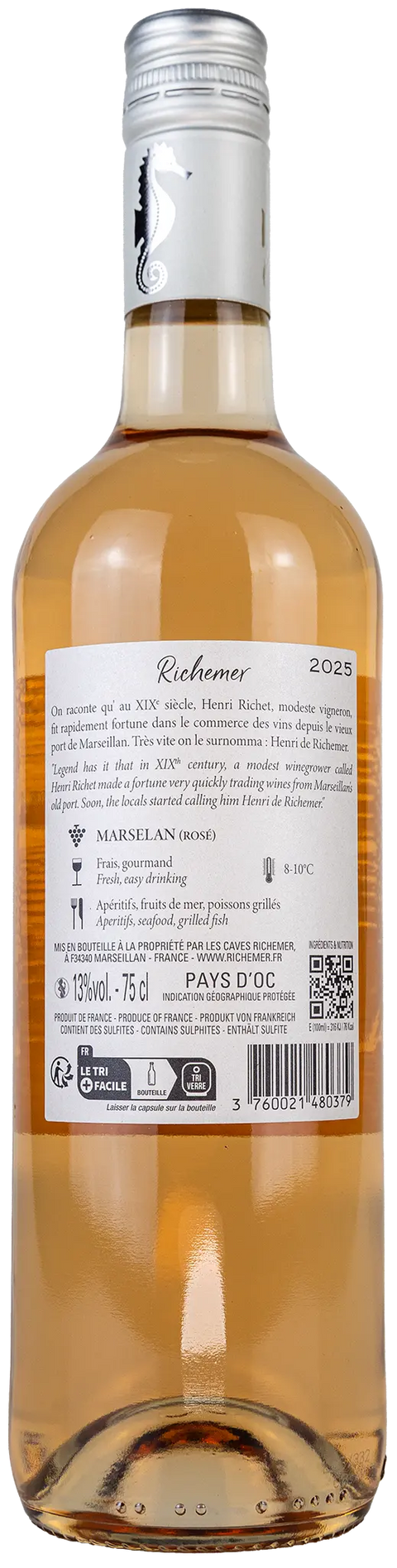 Nahaufnahme des Etiketts vom Richemer Marselan róse 2025 aus dem Languedoc mit Details zur Rebsorte Marselan und dem Wein. Ein Wein von Leons Weinhaus.