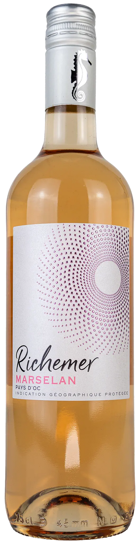 Vorderansicht der Weinflasche Richemer Marselan rosé 2025 aus dem Languedoc. Ein trockener französischer Roséwein von Leons Weinhaus.