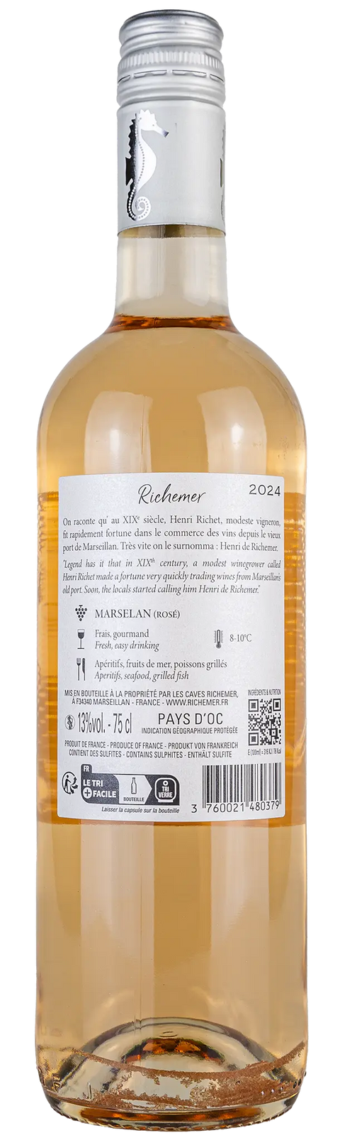 Rückseite einer Weinflasche Richemer 2024 - Marselan rosé aus dem Pays d’Oc - Languedoc. Ein trockener Roséwein von Leins Weinhaus
