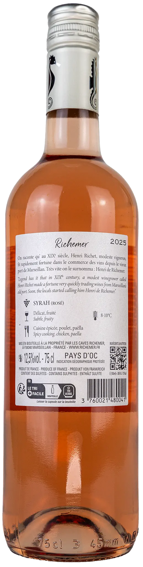 Nahaufnahme des Etiketts von Richemer Syrah rosé 2025 aus dem Languedoc mit Details zu der Rebsorte Syrah und dem Wein. Ein trockener französischer Roséwein von Leons Weinhaus.