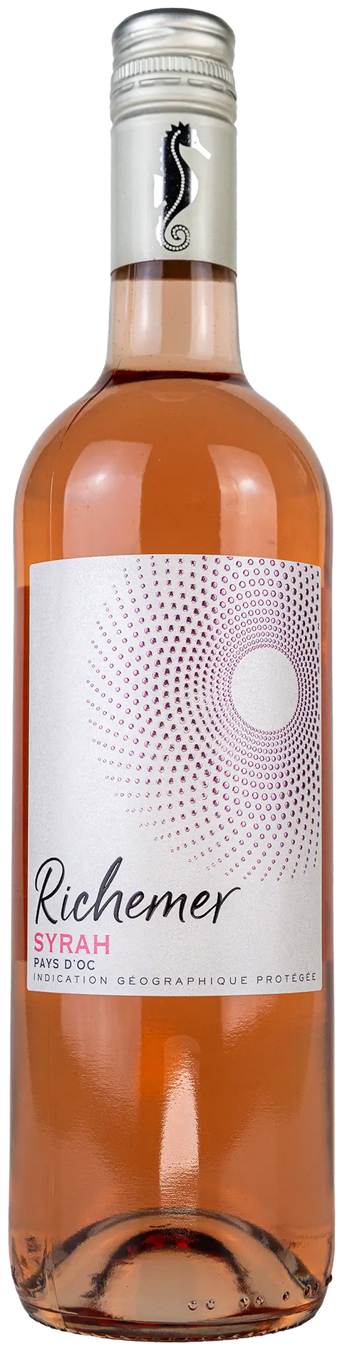 Vorderansicht der Weinflasche Richemer Syrah rosé 2025 aus dem Languedoc. Ein trockener französischer Roséwein von Leons Weinhaus.