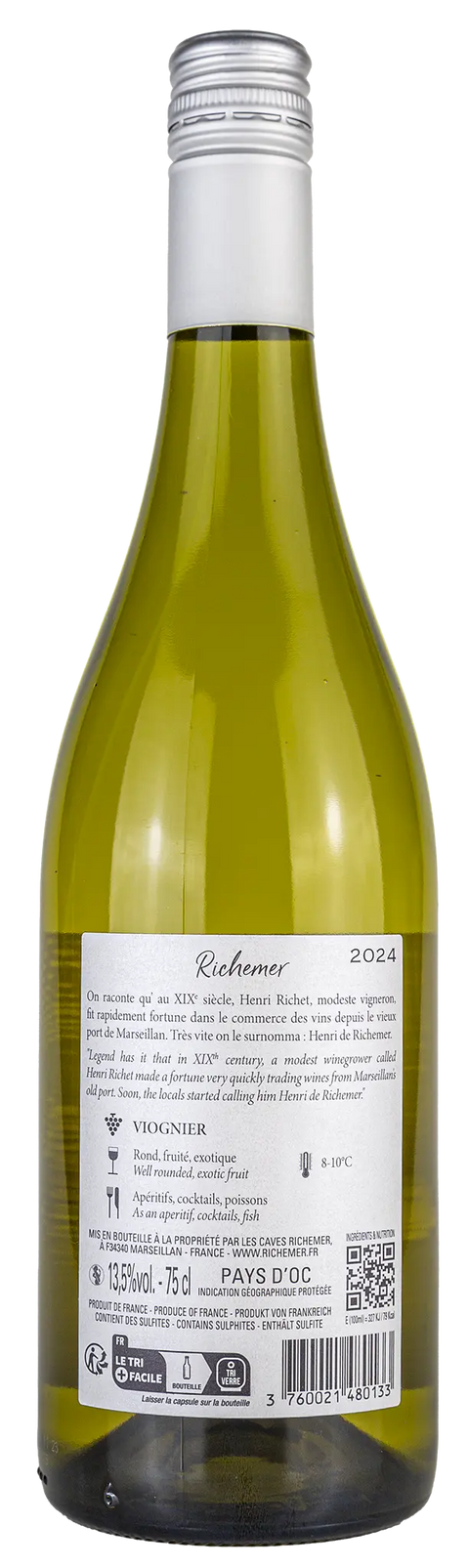 Rückseite einer Weinflasche Richemer 2024 - Viognier aus dem Pays d’Oc - Languedoc  aus 100% der Viognier Traube, einem trockenen Weisswein von Leons Weinhaus