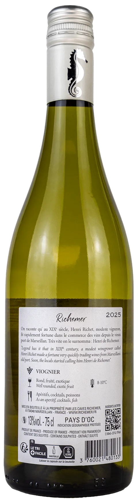 Nahaufnahme des Etiketts Richemer Viognier 2025 aus dem Languedoc mit Details zum Wein und der Rebsorte Viognier. Ein trockener französischer Weisswein von Leons Weinhaus.